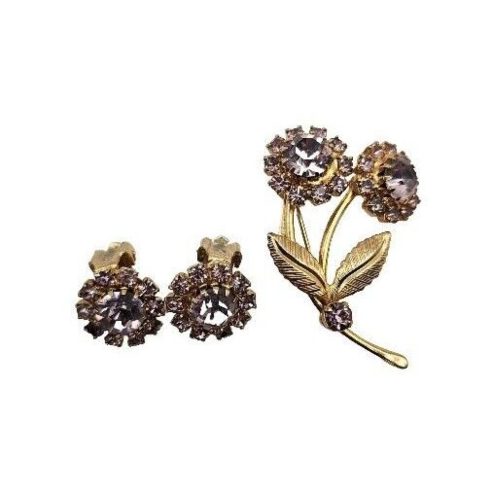 Vintage Flower Brooch & Clip On Earrings Set Light Purple Rhinestone